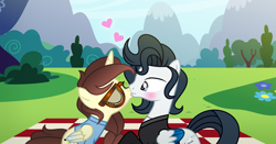 Size: 2089x1095 | Tagged: safe, artist:darbypop1, derpibooru import, oc, oc only, oc:darby, alicorn, pegasus, pony, female, kissing, male, mare, nathan chen, picnic blanket, ponified, species swap, stallion