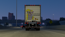 Size: 1920x1080 | Tagged: safe, artist:owlcat, derpibooru import, derpy hooves, dinky hooves, pegasus, unicorn, g4, american truck simulator, car, female, filly, foal, game screencap, license plate, mare, road, truck