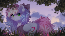 Size: 2809x1580 | Tagged: safe, artist:floweryoutoday, derpibooru import, oc, oc only, oc:blazey sketch, pegasus, pony, bow, clothes, detailed background, female, flower, flower field, forest, green eyes, grey fur, hair bow, long hair, looking at you, mare, multicolored hair, nature, pegasus oc, solo, sweater, tree, walking