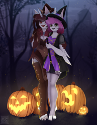 Size: 2669x3456 | Tagged: safe, artist:elektra-gertly, derpibooru import, oc, oc only, oc:ellie berryheart, oc:riiza tensely, anthro, pegasus, unicorn, autumn, black eyeshadow, broom, church, clothes, costume, duo, duo female, eyeshadow, female, fog, forest, friends, green eyes, halloween, halloween costume, hat, holiday, hug, lipstick, long ears, long eyelashes, looking at you, makeup, nature, night, pumpkin, red eyes, smiling, sparks, stockings, thigh highs, tree, wings, witch, witch costume, witch hat