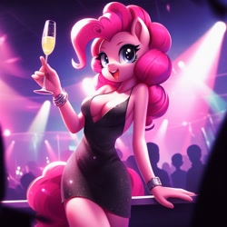 Size: 1024x1024 | Tagged: safe, ai content, derpibooru import, generator:bing image creator, generator:dall-e 3, machine learning generated, pinkie pie, anthro, earth pony, g4, absolute cleavage, alcohol, black dress, breasts, champagne, champagne glass, cleavage, clothes, dress, drink, female, little black dress, looking at you, minidress, nightclub, pinkie pies, prompter needed, sleeveless, smiling, smiling at you, wine
