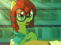 Size: 800x600 | Tagged: safe, artist:rangelost, derpibooru import, oc, oc only, oc:honourshine, earth pony, book, bookshelf, cyoa, cyoa:d20 pony, earth pony oc, glasses, library, looking at you, offscreen character, pixel art, pov, solo, story included, twilight's castle, twilight's castle library