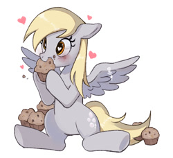 Size: 772x703 | Tagged: safe, artist:hosikawa, derpibooru import, derpy hooves, pegasus, pony, g4, belly, cute, derpabetes, ears, eating, female, floppy ears, food, heart, heart eyes, hoof hold, mare, muffin, nom, simple background, sitting, solo, spread wings, that pony sure does love muffins, white background, wingding eyes, wings