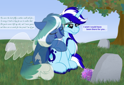 Size: 5255x3585 | Tagged: safe, artist:feather_bloom, derpibooru import, oc, oc:ice storm, oc:mist weaver, alicorn, ghost, ghost pony, pony, undead, unicorn, angelic wings, bittersweet, commission, detailed background, female, floating wings, flower, gravestone, mother and child, mother and daughter, parent and child, text, tree, wings