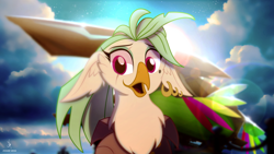 Size: 3840x2160 | Tagged: safe, artist:zidanemina, derpibooru import, captain celaeno, anthro, bird, parrot, g4, my little pony: the movie, alternate design, avian, blue sky, cloud, lens flare, looking at you, ornithian, pirate, pirate ship, scar, smiling, solo, wallpaper