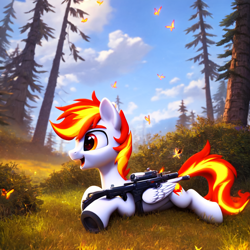 Size: 1024x1024 | Tagged: safe, ai content, derpibooru import, generator:easyfluff v11.2, generator:stable diffusion, machine learning generated, oc, oc:fiery lightning, butterfly, pegasus, pony, forest, gun, happy, lying down, nature, prompter:fiery lightning, prone, tree, weapon