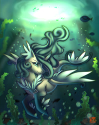 Size: 1280x1611 | Tagged: safe, artist:rail-of-light, derpibooru import, oc, oc only, fish, seapony (g4), g4, bubble, coral, crepuscular rays, digital art, dorsal fin, eyeshadow, female, fin, fin wings, fins, fish tail, flowing mane, flowing tail, horn, lidded eyes, logo, looking at you, makeup, mare, ocean, seapony oc, seaweed, signature, smiling, smiling at you, solo, spread wings, sunlight, swimming, tail, underwater, water, wings