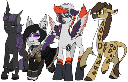 Size: 3268x2118 | Tagged: safe, artist:brainiac, derpibooru import, oc, oc:bishop, oc:ebony inks, oc:facsimile, oc:nighteyes, bat pony, changeling, giraffe, pegasus, 2024 community collab, changeling king, clothes, derpibooru community collaboration, female, flight suit, male, mare, purple changeling, rubber, simple background, stallion, stretchy, transparent background