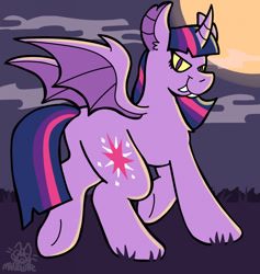 Size: 1211x1280 | Tagged: safe, artist:catponything, derpibooru import, twilight sparkle, alicorn, bat pony, bat pony alicorn, pony, g4, bat ponified, bat wings, butt, cloud, colored sclera, fangs, female, grass, horn, looking at you, looking back, looking back at you, mare, moon, night, outdoors, plot, race swap, raised hoof, raised leg, rear view, signature, slit eyes, smiling, solo, spread wings, tail, twibat, underhoof, wings, ych example, yellow sclera, your character here