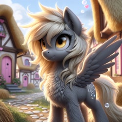 Size: 1024x1024 | Tagged: safe, ai content, machine learning generated, derpy hooves, pegasus, pony, bing, bubble, chest fluff, female, fluffy, leg fluff, mare, ponyville, solo