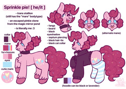 Size: 1280x899 | Tagged: safe, artist:catponything, derpibooru import, pinkie pie, oc, oc:sprinkle pie, earth pony, pony, g4, bell, bell collar, clone, clothes, collar, eyeshadow, facial hair, fangs, food, goatee, hoodie, kinsona, makeup, male, nose piercing, open mouth, open smile, piercing, pinkie clone, ponysona, raised hoof, raised leg, reference sheet, septum piercing, simple background, smiling, socks, solo, sprinkles, stallion, striped socks, tail, tongue, tongue out, trans male, transgender, unshorn fetlocks, white background