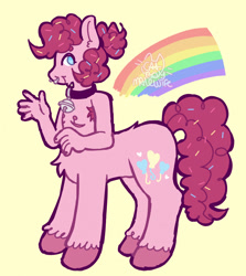 Size: 1142x1280 | Tagged: safe, artist:catponything, derpibooru import, pinkie pie, oc, oc:sprinkle pie, centaur, earth pony, taur, g4, armpit hair, bell, bell collar, clone, collar, food, kinsona, looking at you, male, nipples, nose piercing, nudity, piercing, pinkie clone, rainbow, raised hand, scar, septum piercing, signature, smiling, solo, sprinkles, stallion, surgery scar, tail, top scars, trans male, transgender, unshorn fetlocks, waving, waving at you