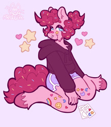 Size: 1122x1280 | Tagged: safe, artist:catponything, derpibooru import, pinkie pie, oc, oc:sprinkle pie, anthro, earth pony, unguligrade anthro, g4, bandaid, bandaid on nose, chest fluff, clone, clothes, eyeshadow, facial hair, floating heart, food, goatee, heart, hoodie, kinsona, lidded eyes, looking at you, makeup, male, nose piercing, piercing, pinkie clone, septum piercing, shorts, signature, simple background, sitting, smiling, smiling at you, solo, sprinkles, stallion, stars, sticker, tail, trans male, transgender