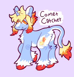 Size: 1228x1280 | Tagged: safe, artist:catponything, derpibooru import, oc, oc only, oc:comet catcher, classical unicorn, pony, unicorn, adoptable, butt fluff, chest fluff, cloven hooves, colored hooves, fangs, freckles, horn, leonine tail, looking at you, purple background, raised hoof, raised leg, signature, simple background, smiling, solo, tail, unshorn fetlocks