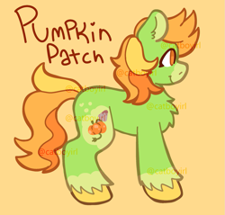 Size: 1045x1000 | Tagged: safe, artist:catponything, derpibooru import, oc, oc only, oc:pumpkin patch, pony, adoptable, chest fluff, orange background, signature, simple background, smiling, solo, tail, unshorn fetlocks, watermark