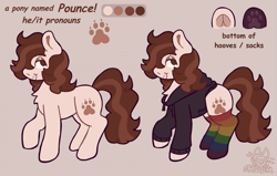 Size: 2403x1533 | Tagged: safe, alternate version, artist:catponything, derpibooru import, oc, oc only, oc:pounce, earth pony, pony, chest fluff, clothes, hoodie, lidded eyes, male, nose piercing, paw socks, piercing, ponysona, rainbow socks, raised hoof, raised leg, reference sheet, septum piercing, socks, solo, stallion, striped socks, tail, trans male, transgender, underhoof