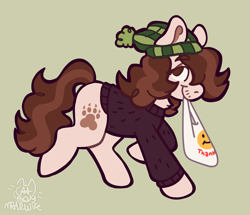 Size: 1949x1676 | Tagged: safe, artist:catponything, derpibooru import, oc, oc only, oc:pounce, earth pony, pony, bag, clothes, green background, hat, lidded eyes, male, mouth hold, ponysona, raised hoof, raised leg, simple background, smiling, solo, stallion, sweater, tail, trans male, transgender, winter hat