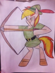 Size: 1920x2560 | Tagged: safe, artist:guruyunus17, derpibooru import, oc, oc:firey ratchet, pegasus, arrow, bipedal, bow (weapon), bow and arrow, clothes, colored sketch, cosplay, costume, disney, drawing, hat, male, robin hood, sketch, stallion, weapon