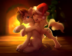 Size: 2847x2204 | Tagged: safe, artist:itssim, derpibooru import, oc, oc only, earth pony, pony, unicorn, blurry background, chest fluff, christmas, christmas tree, commission, cute, duo, duo male and female, earth pony oc, eyebrows, eyes closed, female, fireplace, fluffy, hat, high res, holiday, horn, hug, indoors, leg fluff, male, mare, oc name needed, ocbetes, one eye closed, open mouth, open smile, santa hat, sitting, smiling, stallion, tree, unicorn oc, unshorn fetlocks