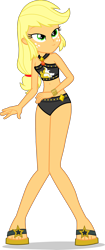 Size: 1882x4483 | Tagged: safe, artist:dustinwatsongkx, derpibooru import, applejack, human, equestria girls, g4, 2d, ankles, belly button, bikini, bikini bottom, bikini top, clothes, clothes swap, feet, female, freckles, geode of empathy, gold, jewelry, legs, magical geodes, midriff, necklace, sandals, simple background, smiling, solo, stars, sun, sunset shimmer's beach shorts swimsuit, swimsuit, swimsuit swap, transparent background, wrist cuffs