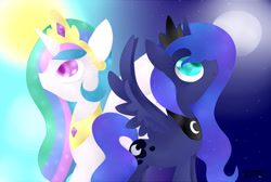 Size: 1024x688 | Tagged: safe, artist:midnightauroraarts, derpibooru import, princess celestia, princess luna, alicorn, pony, g4, 2016, female, mare, moon, old art, royal sisters, siblings, sisters, sun