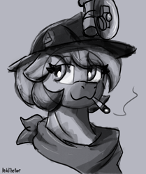 Size: 1672x1996 | Tagged: safe, artist:reddthebat, derpibooru import, oc, oc:number nine, earth pony, pony, bust, cigarette, female, gray background, grayscale, helmet, lidded eyes, mare, mining helmet, monochrome, simple background, smiling, smoking, solo, sternocleidomastoid