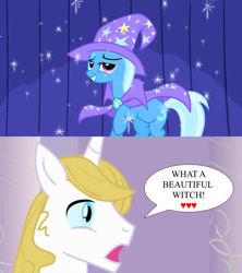 Size: 1280x1440 | Tagged: safe, artist:crowneprince, derpibooru import, edit, edited screencap, screencap, prince blueblood, trixie, pony, unicorn, boast busters, g4, cape, clothes, curtains, female, hat, heart, male, mare, open mouth, ship:bluetrix, shipping, smiling, sparkles, speech bubble, stallion, straight, surprised blueblood, trixie's cape, trixie's hat