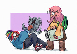 Size: 839x595 | Tagged: safe, artist:punkittdev, derpibooru import, fluttershy, rainbow dash, cat, human, g4, backpack, clothes, dark skin, duo, duo female, emanata, female, gritted teeth, holding a cat, humanized, jacket, open mouth, pet carrier, plewds, simple background, struggling, sweat, sweatdrops, sweater, tan skin, teeth, white background