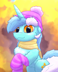 Size: 1902x2392 | Tagged: safe, artist:gosha305, derpibooru import, lyra heartstrings, pony, unicorn, g4, :3, autumn, autumn leaves, beanie, cheek fluff, chest fluff, clothes, cold, cute, ears, female, floppy ears, hat, horn, leaves, looking at you, lyrabetes, multicolored mane, raised hoof, raised leg, scarf, smiling, smiling at you, socks, solo, striped socks