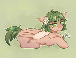 Size: 3000x2300 | Tagged: safe, artist:moewwur, artist:rin-mandarin, derpibooru import, oc, oc only, oc:chamo, pony, beads, chamomile, female, flower, flower in hair, green eyes, green mane, light fur, looking at you, lying down, pegasus wings, short hair, sketch, solo, wings