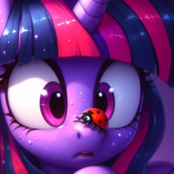 Size: 1024x1024 | Tagged: safe, ai content, derpibooru import, generator:dall-e 3, machine learning generated, twilight sparkle, insect, ladybug, pony, g4, bust, coccinellidaephobia, female, frightened, insect on nose, mare, open mouth, portrait, prompter needed, scared, screaming internally, solo, sweat, this will not end well, twilight hates ladybugs