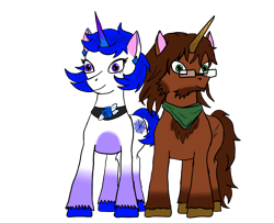 Size: 3200x2600 | Tagged: safe, artist:assertiveshypony, derpibooru import, oc, oc only, oc:green scroll, oc:snowmoon, pony, unicorn, 2024 community collab, chest fluff, clothes, cutie mark, derpibooru community collaboration, digital art, duo, flower, glasses, horn, jewelry, krita, long mane, long tail, messy mane, rose, scarf, short mane, short tail, simple background, smiling, tail, transparent background, unicorn oc