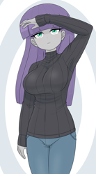 Size: 1668x3017 | Tagged: safe, artist:batipin, derpibooru import, maud pie, human, equestria girls, g4, breasts, clothes, female, maud pies, solo, sweater