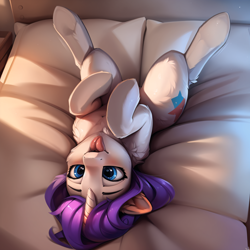 Size: 2880x2880 | Tagged: safe, ai content, artist:cherubisous, derpibooru import, editor:unsauceballs, generator:stable diffusion, machine learning generated, rarity, pony, unicorn, g4, alternate cutie mark, bed, bedsheets, blushing, female, lying down, lying on bed, mare, on back, on bed, open mouth, remix, solo, spread legs, spreading, tongue, tongue out, upside down