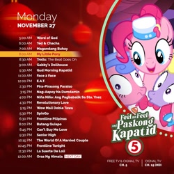 Size: 526x526 | Tagged: safe, derpibooru import, screencap, lyrica lilac, pinkie pie, royal ribbon, earth pony, pony, unicorn, g4, the best night ever, christmas, cignal, female, holiday, mare, philippines, schedule, text, tv5