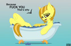 Size: 4000x2600 | Tagged: safe, artist:just rusya, derpibooru exclusive, derpibooru import, oc, oc only, oc:golden star, unicorn, bathtub, crossed legs, gem, gradient background, looking at you, lying, open mouth, solo, speech bubble, swearing, underhoof, vulgar