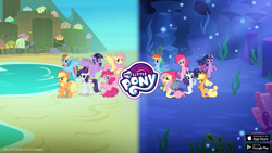 Size: 2560x1440 | Tagged: safe, derpibooru import, applejack, fluttershy, pinkie pie, rainbow dash, rarity, twilight sparkle, twilight sparkle (alicorn), alicorn, earth pony, hippogriff, pegasus, pony, seapony (g4), unicorn, g4, bubble, coral, dorsal fin, female, fin, fin wings, fins, fish tail, flowing mane, flowing tail, gameloft, hippogriffied, loading screen, looking at you, mane six, mare, my little pony logo, my little pony: magic princess, ocean, official, open mouth, open smile, seaponified, seapony applejack, seapony fluttershy, seapony pinkie pie, seapony rainbow dash, seapony rarity, seapony twilight, seaquestria, seaweed, smiling, species swap, swimming, tail, underwater, video game, water, wings, youtube banner