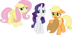 Size: 6051x3000 | Tagged: safe, artist:cloudy glow, derpibooru import, applejack, fluttershy, rarity, earth pony, pegasus, pony, unicorn, g4, the summer sun setback, ears, female, floppy ears, mare, simple background, transparent background, trio, trio female, vector