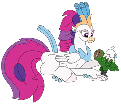 Size: 2720x2334 | Tagged: safe, artist:supahdonarudo, derpibooru import, queen novo, bird, classical hippogriff, hippogriff, parrot, series:novoember, g4, my little pony: the movie, kakapo, lying down, petting, prone, simple background, transparent background