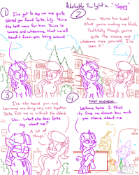 Size: 4779x6013 | Tagged: safe, artist:adorkabletwilightandfriends, derpibooru import, lily, lily valley, moondancer, spike, twilight sparkle, twilight sparkle (alicorn), alicorn, comic:adorkable twilight and friends, g4, adorkable, adorkable twilight, angry, blushing, crossed legs, cute, dork, downtown, ear blush, embarrassed, friendship, happy, kitchen, necktie, outdoors, ponyville, sitting, smiling, suitcase, sweat, sweatdrop, upset