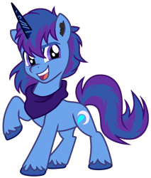 Size: 2017x2371 | Tagged: safe, artist:vi45, derpibooru import, oc, oc only, oc:bak, pony, unicorn, 2024 community collab, blue mane, clothes, derpibooru community collaboration, horn, looking at you, male, purple eyes, purple mane, scarf, simple background, solo, solo male, stallion, transparent background, unicorn oc