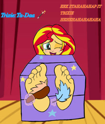 Size: 827x975 | Tagged: safe, artist:zeekthatgeek, derpibooru import, sunset shimmer, human, equestria girls, g4, barefoot, blushing, bondage, brush, crying, feather, feet, fetish, foot fetish, foot focus, implied trixie, laughing, magic, offscreen character, offscreen human, one eye closed, open mouth, open smile, smiling, soles, tears of laughter, telekinesis, tickling, toes