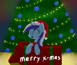 Size: 1280x1092 | Tagged: safe, artist:acersiii, derpibooru import, minuette, pony, g4, box, christmas, christmas tree, holiday, solo, tree, tumblr:questioncolgatepony