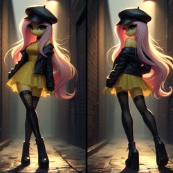 Size: 1024x1024 | Tagged: safe, ai content, derpibooru import, generator:bing image creator, generator:dall-e 3, machine learning generated, fluttershy, anthro, g4, alley, boots, clothes, collar, dress, fishnet stockings, flat cap, hat, jacket, leather, leather boots, leather jacket, looking at you, minidress, prompter needed, shoes, socks, split screen, thigh highs, two sides