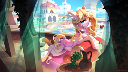 Size: 3000x1687 | Tagged: safe, artist:redchetgreen, derpibooru import, apple bloom, applejack, discord, fluttershy, pinkie pie, rainbow dash, rarity, scootaloo, spike, sweetie belle, twilight sparkle, oc, oc only, oc:blue haze, pony, saddle arabian, unicorn, alcohol, blonde, blonde hair, blonde mane, blue eyes, clothes, cutie mark crusaders, ear fluff, ears, female, food, glass, grapes, harem outfit, horn, levitation, looking at you, lounging, magic, mane six, mare, pitcher, see-through, smiling, smiling at you, solo focus, telekinesis, unicorn oc, wine, wine glass