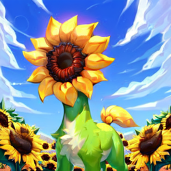 Size: 512x512 | Tagged: safe, ai content, derpibooru import, generator:stable diffusion, machine learning generated, monster pony, original species, plant pony, blue sky, flower, generator:ponydiffusion, not salmon, plant, prompter:natjo, sunflower, wat