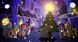 Size: 1076x584 | Tagged: safe, applejack, fluttershy, pinkie pie, rainbow dash, rarity, twilight sparkle, boots, christmas tree, clothes, hoof shoes, shoes, winter boots, winter hat, winter outfit