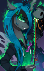 Size: 1879x2996 | Tagged: safe, artist:astralblues, derpibooru import, queen chrysalis, changeling, changeling queen, g4, bow, bow (instrument), clothes, eyebrows, fangs, female, fire, green fire, high res, horn, implied octavia, looking at you, magic, profile, raised hoof, raised leg, simple background, smiling, smiling at you, solo, underhoof