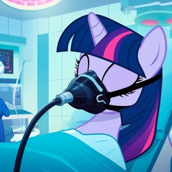 Size: 1024x1024 | Tagged: safe, ai content, derpibooru import, generator:bing image creator, machine learning generated, twilight sparkle, human, unicorn, anesthesia, anesthesia mask, black anesthesia mask, breathing mask, clothes, hose, hospital gown, medical, science fiction, sedation, sleeping, surgery