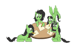 Size: 1132x759 | Tagged: safe, artist:ponycolton, derpibooru import, oc, oc only, oc:anon filly, earth pony, pegasus, unicorn, cutie mark, drawing, female, filly, flying, foal, hoof hold, magic, mouth hold, paper, simple background, sitting, spread wings, table, white background, wings